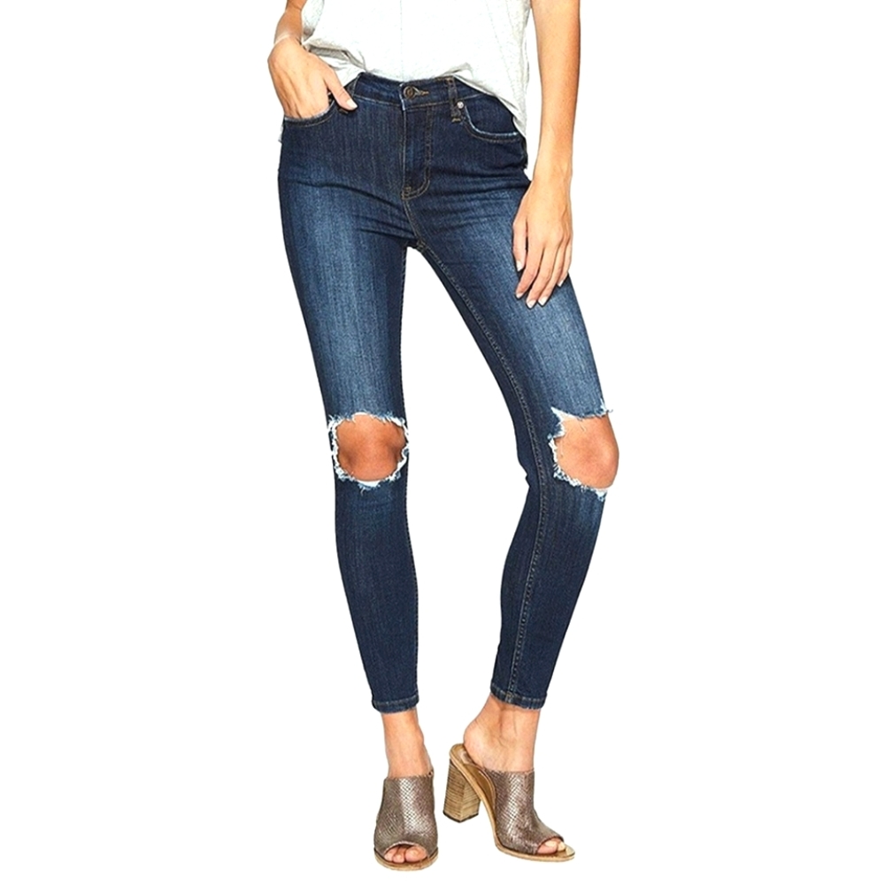 Free People High Rise Busted Knee Cropped Skinny Jeans, Medium Wash,  Size 28